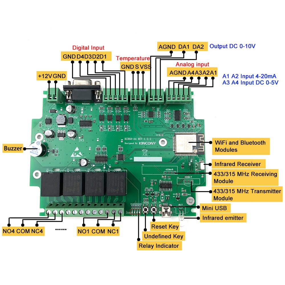 Kincony A4 Smart Home Automation Module Controller WiFi Relay ESP32 Development Board Code By Arduino IR RF Remote Dimmer Switch 1